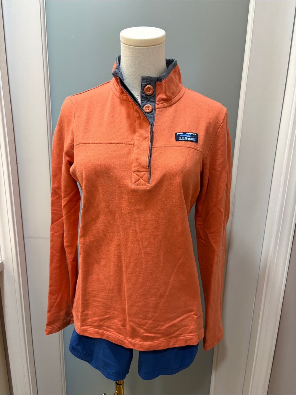 L.L. Bean Orange Long-Sleeve Quarter-Button Pullover with Gray Trim